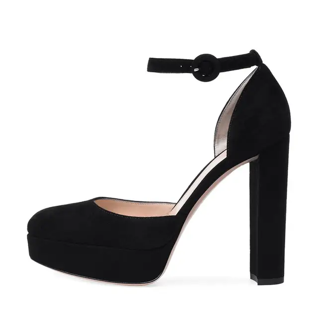 black round toe heels with strap