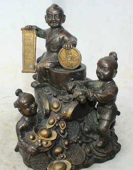

Free shipping Collectible bronze S1600 10" Chinese Bronze Gild Wealth Money Feng Shui Tong Zi Boy Lad Statue sculpture