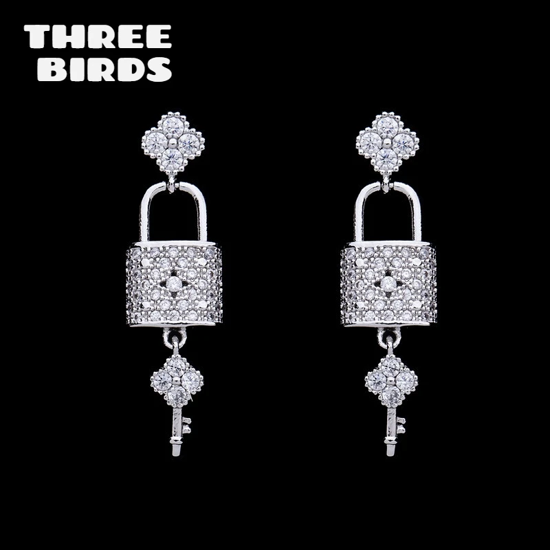 

Tiny Trendy Silver Cubic Zirconia Crystal Lock Key Earrings High Quality Four Flower Stud Earrings For Women Fashion Jewelry