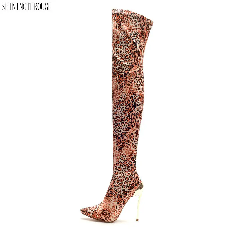 

2018 spring stilettos high heels 12cm over the knee print leopard stretch fabic slip on fashion boots shoes woman ladies