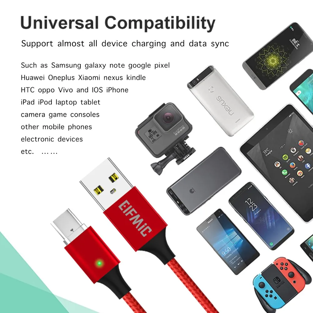 ELFMIC شاحن المصغّر usb نوع-C الإضاءة كابل ل Xiaomi هواوي فون المحمول سريع شحن المغناطيس كابل بيانات سلك