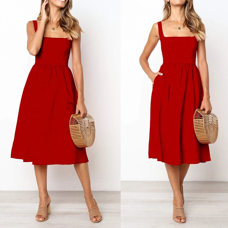 Women Simple Solid Color Dress Women Strapless Spaghetti Strap Fashion Vestidos Dresses Elegant Ladies Party Causal Summer Dress