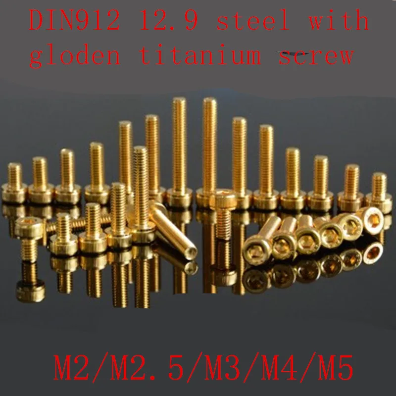 

10Pcs G12.9 DIN912 Titanium plating Gold Hex socket Screw M2 M2.5 M3 M4 M5 Hex Socket titanium plating glod cap head Screw