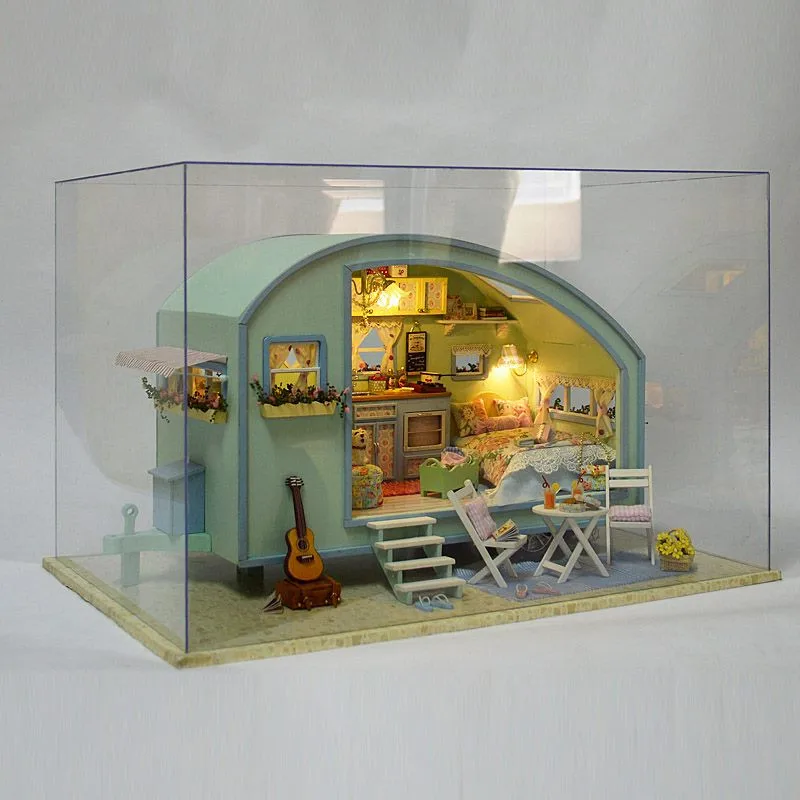 

Travel Caravan DIY Tour Of Time Wooden Dollhouse Miniature Kit Doll House LED Music Box Voice Control Handmade Kits For Girls