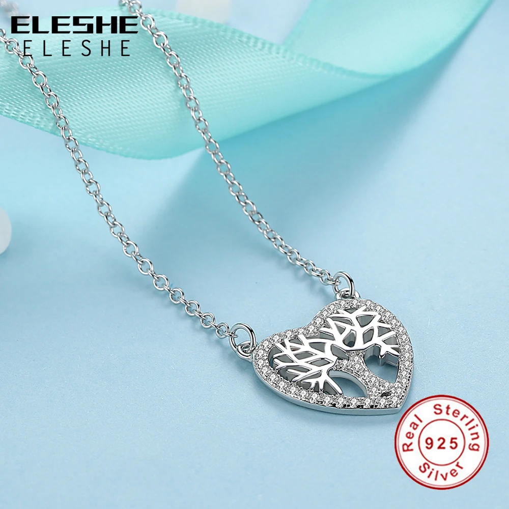 ELESHE Romantic Real 925 Sterling Silver Crystal Heart Shape Tree of Life Pendant Necklaces for Women Fashion Jewelry Collares