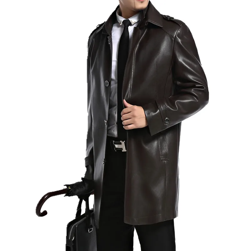 Осенняя мужская кожаная куртка Повседневная Длинная Куртка из искусственной кожи деловая однобортная Куртка Jaqueta Couro Masculino размера плюс HJ513