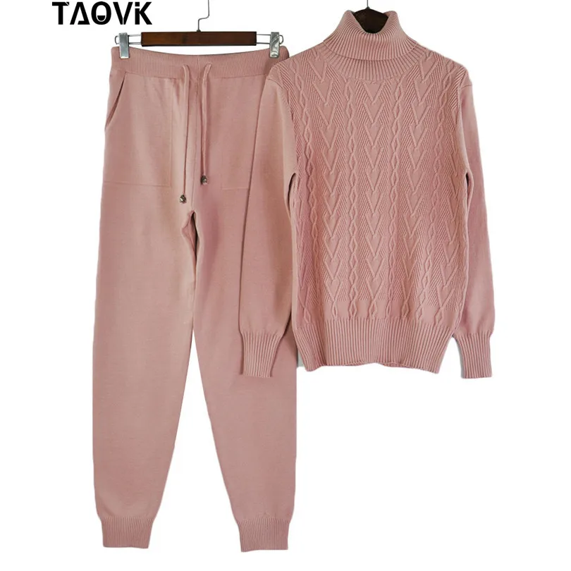 TAOVK женские трикотажные костюмы с высоким воротником комплект из двух предметов топ и брюки женский гимнастический вязаный костюм женский комплект из двух предметов - Цвет: Pink