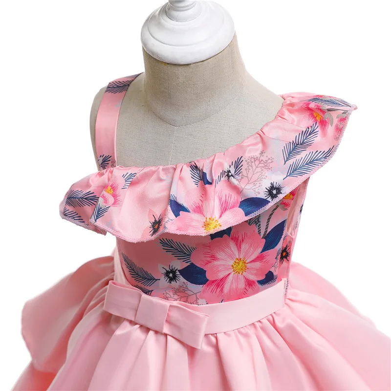 Single Shoulder Flower Printed Double Layer Cake Formal Wed Dress Female Girl's Beautiful Evening Dresses Children's Clothing03