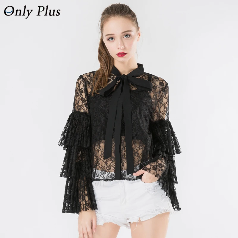 ONLY PLUS Women Lace Black Tops Romantic Flare Sleeve Tees