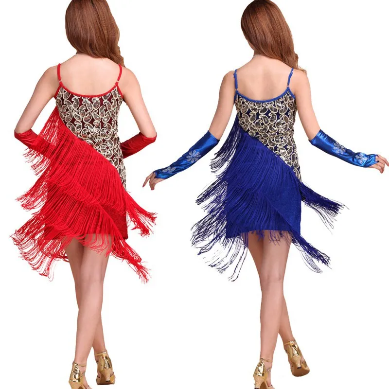 Красный Латинской Танцевальный костюм s женщин сальса Танцы одежда Танцевальный костюм платья Бальные конкурс платья Танго взрослых fringe с золотыми блестками