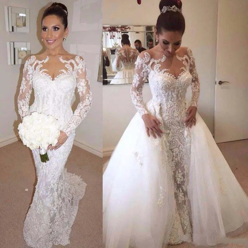 

New Elegant Mermaid Pearls Long Sleeves Wedding Dresses Detachable Train Jewel Neck Lace Appliques Chapel Bridal Gowns 2021
