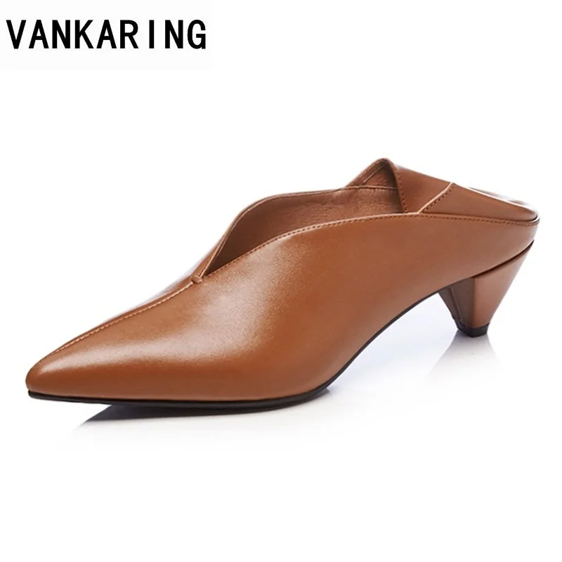 

VANKARING genuine leather women shoes middle heels pointed toe black platform shoes woman dress party office ladies pumps shoes