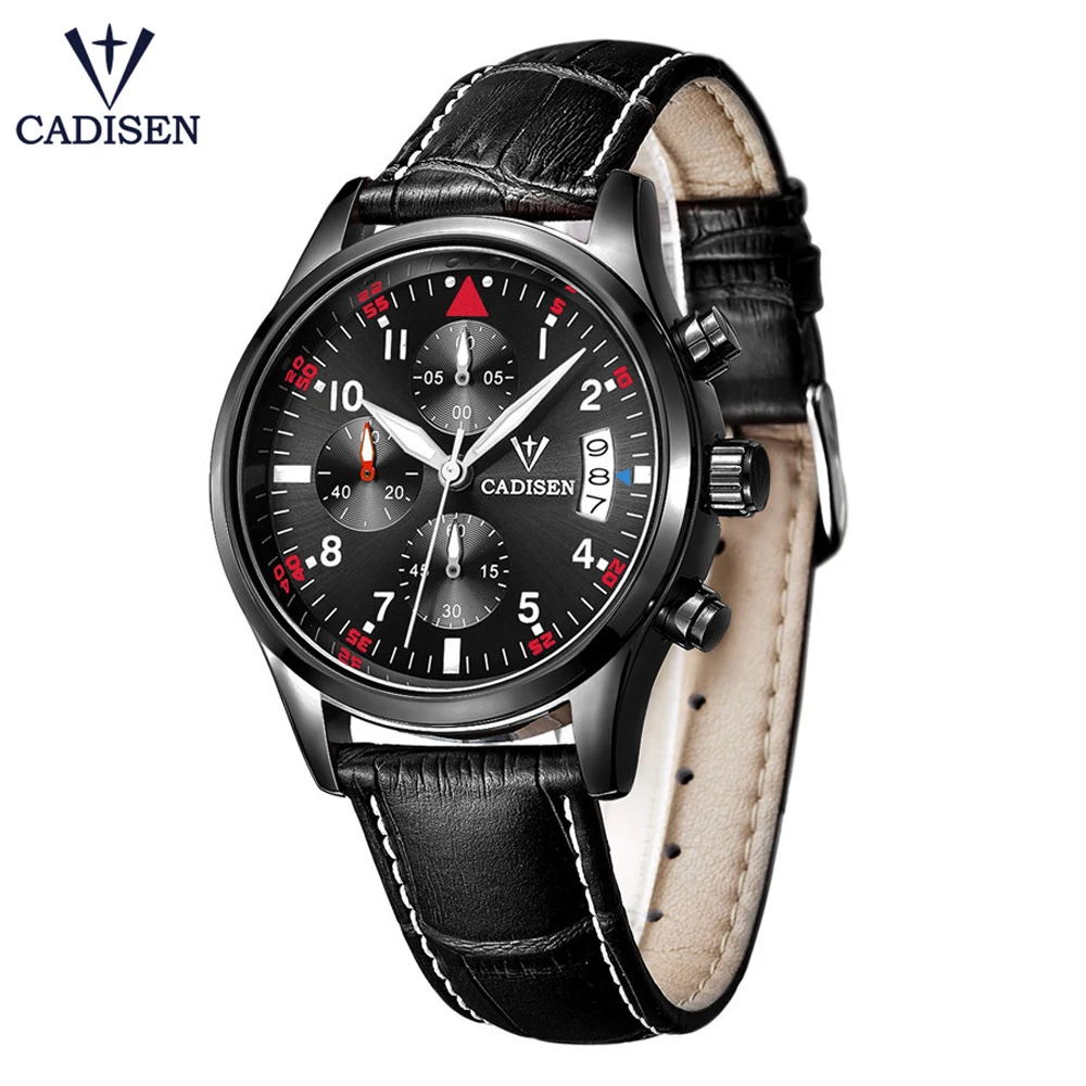 

Fashion Style CADISEN Mens Watches Top Brand Luxury Leather Quartz-watch Chronograph Leather Sport Men Wrist Watch reloj hombre