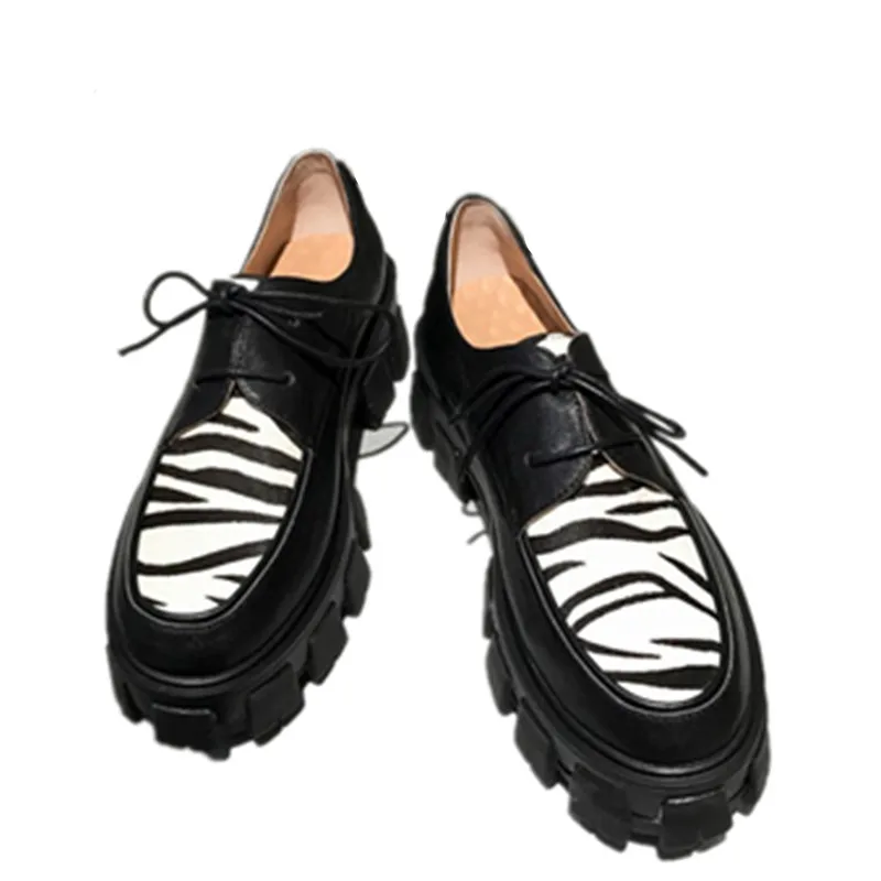 

Zebra Strip Horsehair Brogues Multi Color Thick Sole Casual Oxfords Autumn Leather Shoes Women