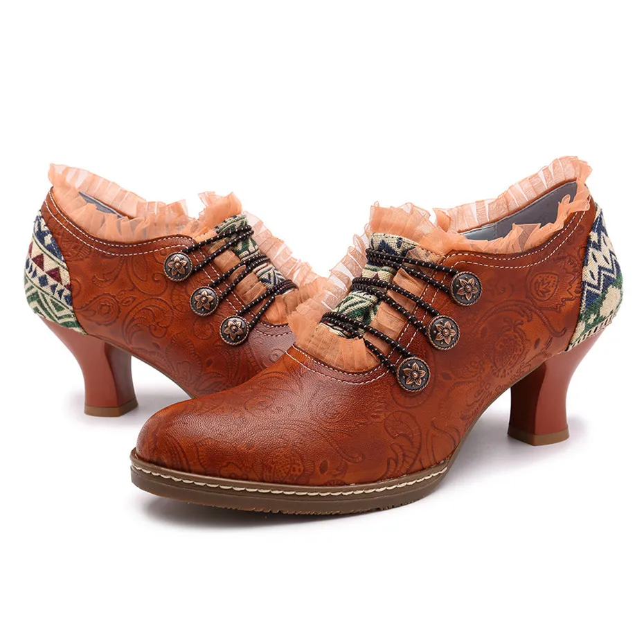 Wine Glasses Women Pumps European Vintage Hand Genuine Leather Shoes Embossed Stitching Spanish Style Four Seasons Women's Shoes (5)