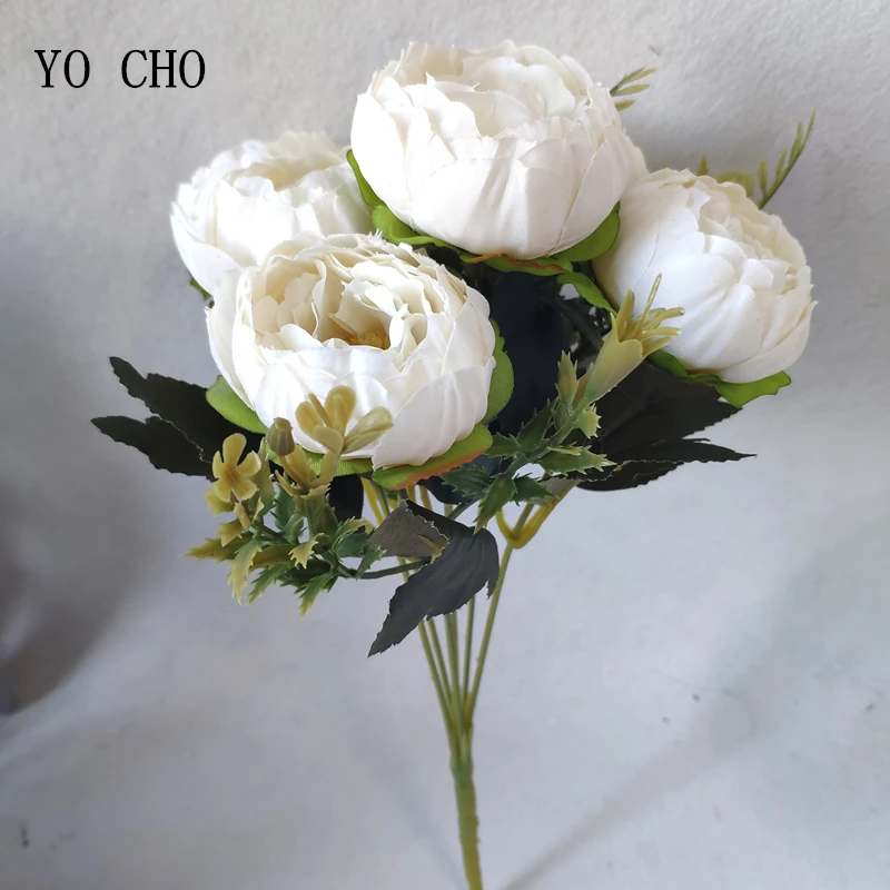 YO CHO 6 Heads Peony Bouquet Artificial Flower High Quality Silk White Roses for Wedding Decoration China Fake Plastic Flowers