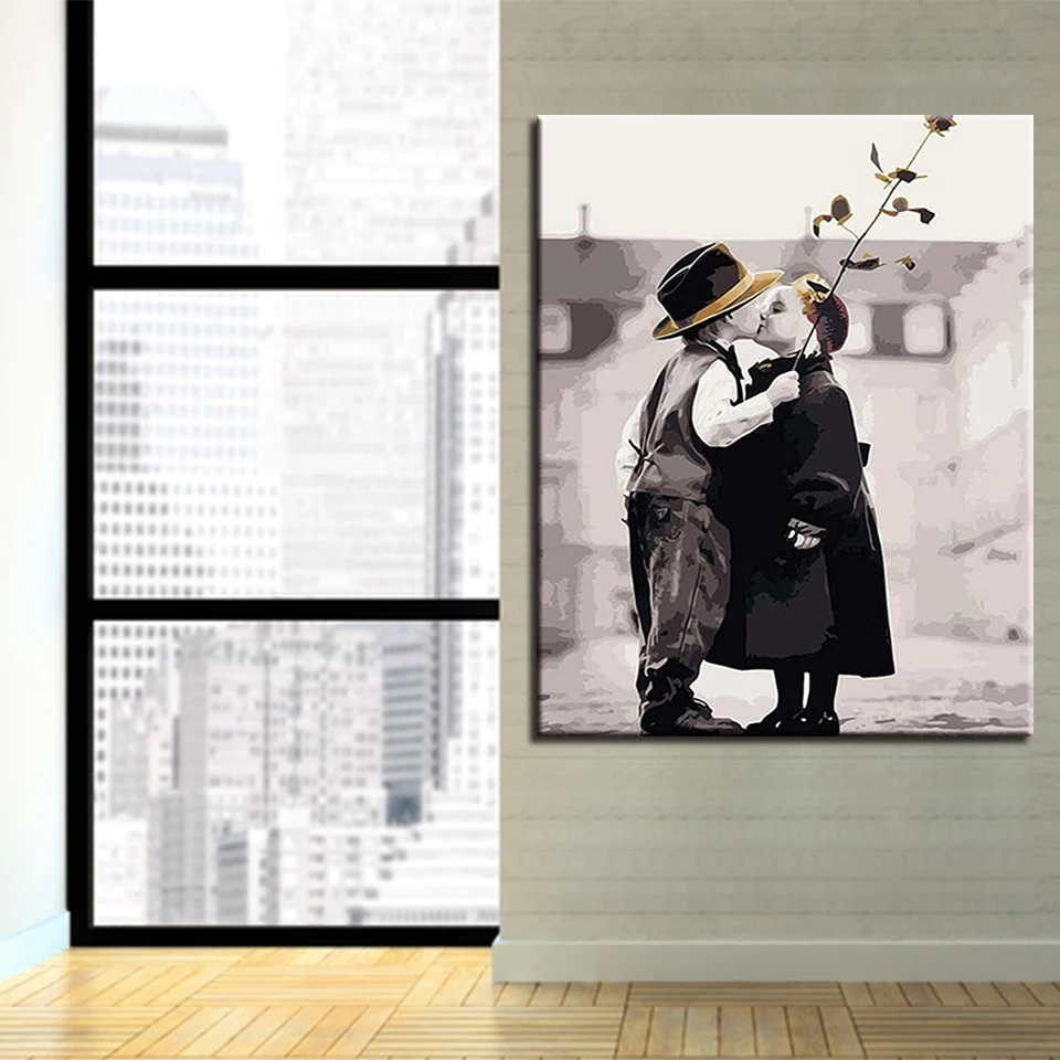 

Diy Picture Drawing Coloring Little Girl Boy Kiss Oil Paint Painting By Numbers On Canvas By Hand Framework Wall Modular Artwork