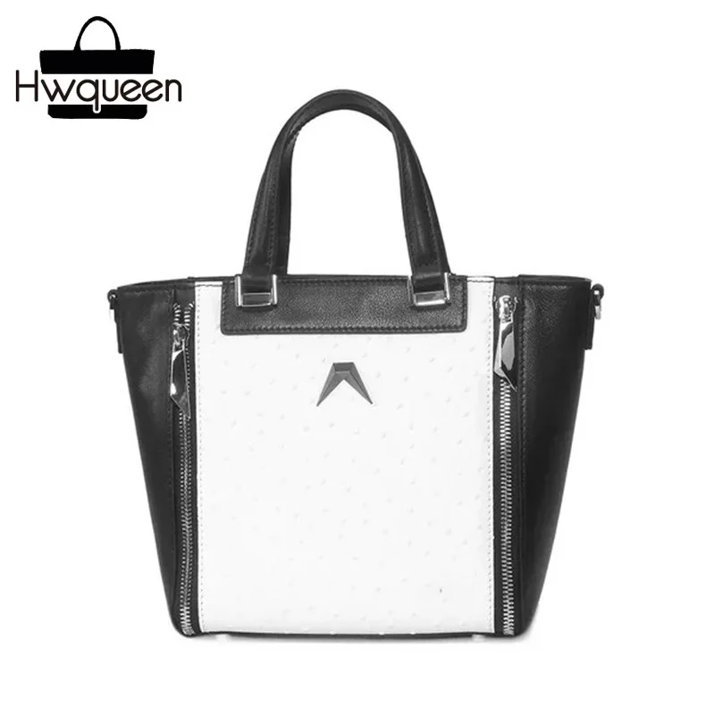 

Black White Design Genuine Cow Leather Office Lady Working Purse Women Trapeze Handbag Fake Ostrich Zipper Closure Shoulder Bag