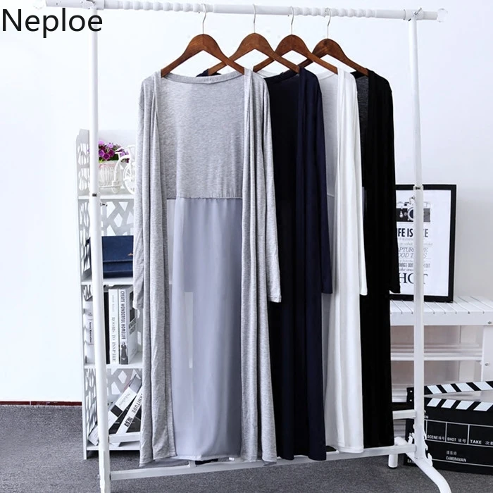 

Neploe 2019 Spring Summer New Open Stitch Long Sleeve Thin Sun Protection Cardigan Solid Plus Size Sunscreen Long Overcoat 52465