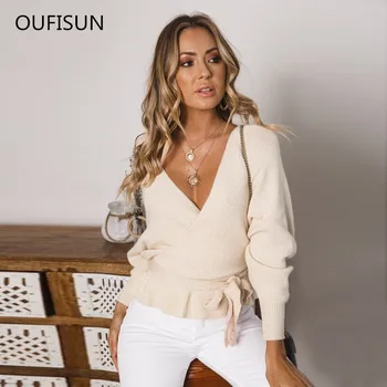 

2020 Autumn Winter Casual Long Sleeve Knittied Pullovers Sweater V-Neck Hollow Out Lace Up Backless Sexy Women's Sweater Tops