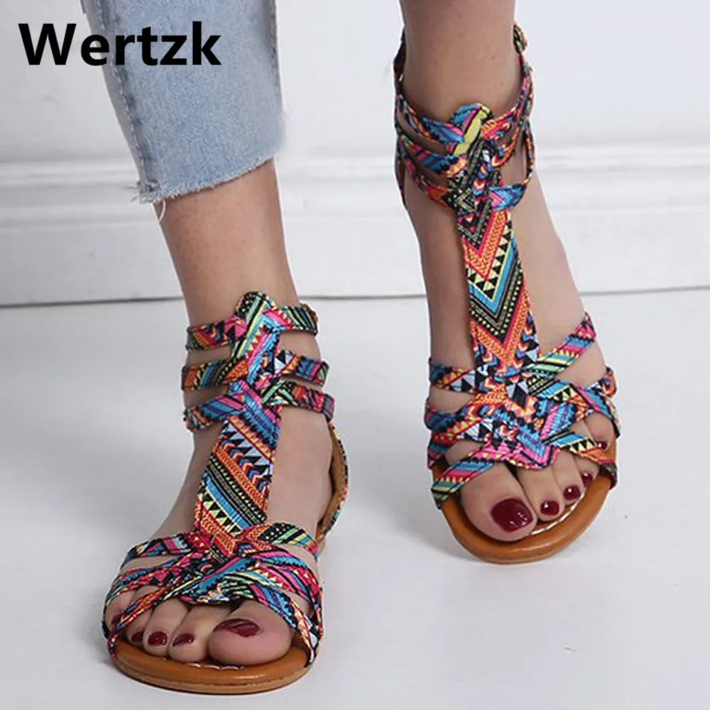 

Summer 2019 Fashion Ankle Strap Sandals Women Cross-tied Flats Open Toe Flocking Shoes Flat with Cover Heel E472