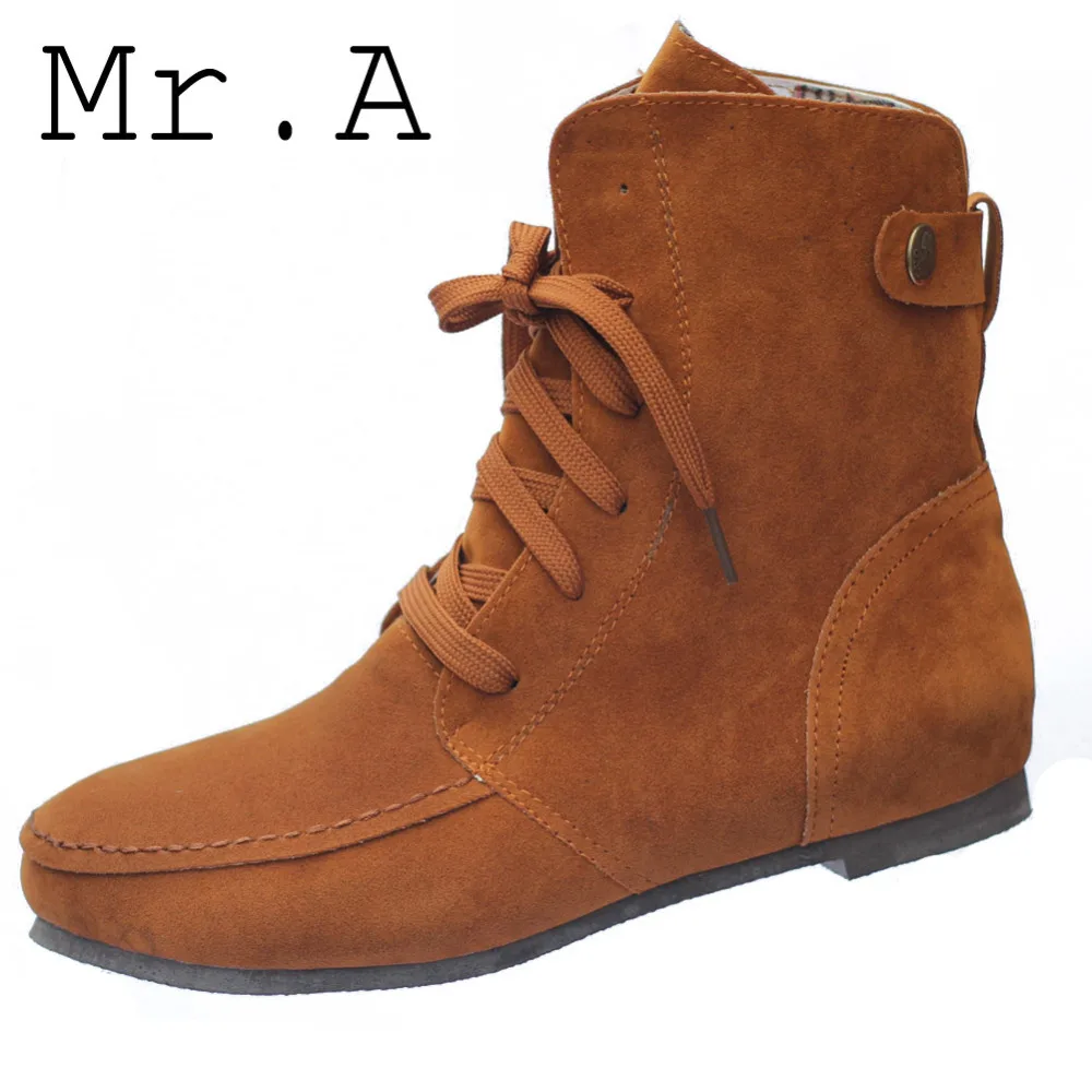 Hot Sale Lady&#39;s Women Boots Martin Boots Ankle Round Flat Toe Lace up Solid Suede Cow Muscle ...