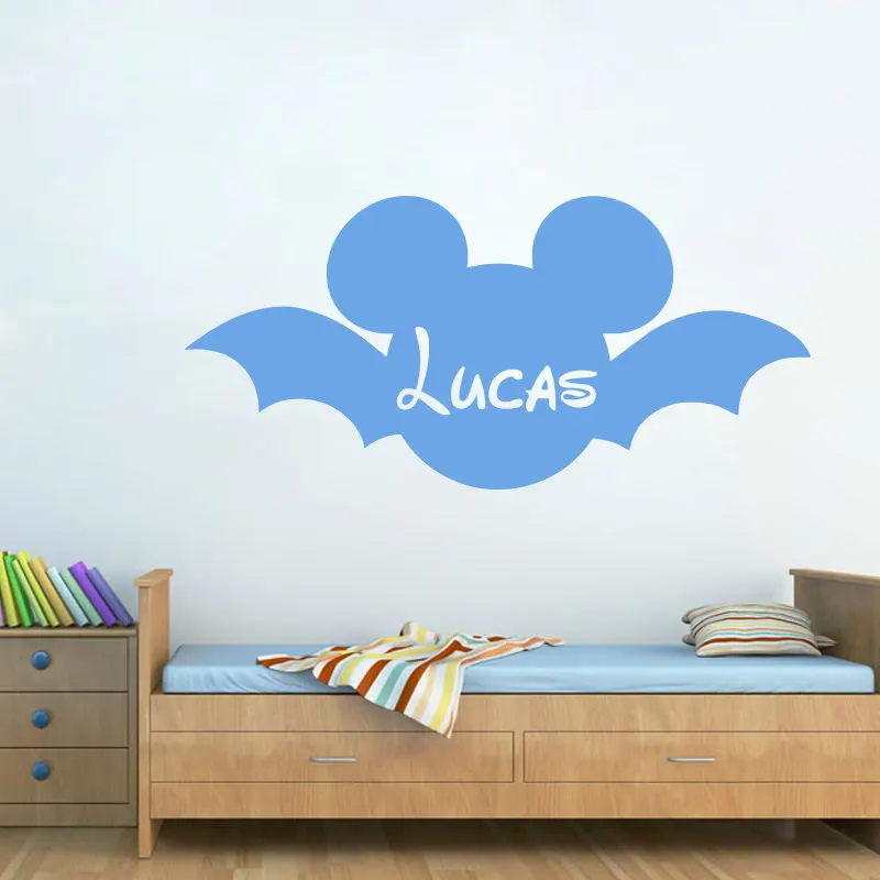 

Unique Design Mickey Mouse Head Sihlouette Wallpaper With Wings Art Wall Sticker Home kids Room Decor Customed Name Mural W-546