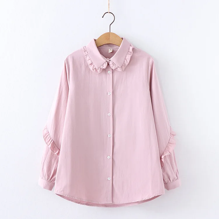 KYQIAO Лолита рубашка mori девушки японский стиль дизайнер длинный рукав Питер Пэн воротник розовый синий белый Блузка Топы - Цвет: Розовый