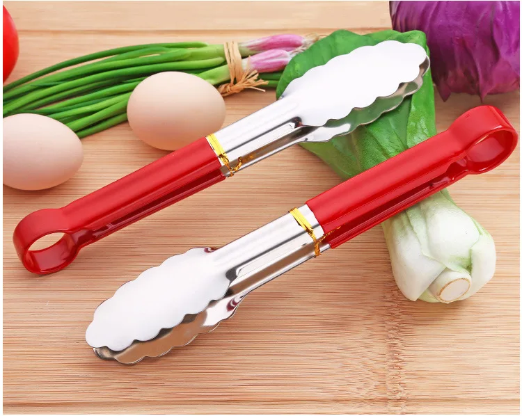 Tong Silicone SUS 304 Высококачественная ручка из нержавеющей стали, красная утолщенная многофункциональная кухонная утварь, паровые булочки для хлеба