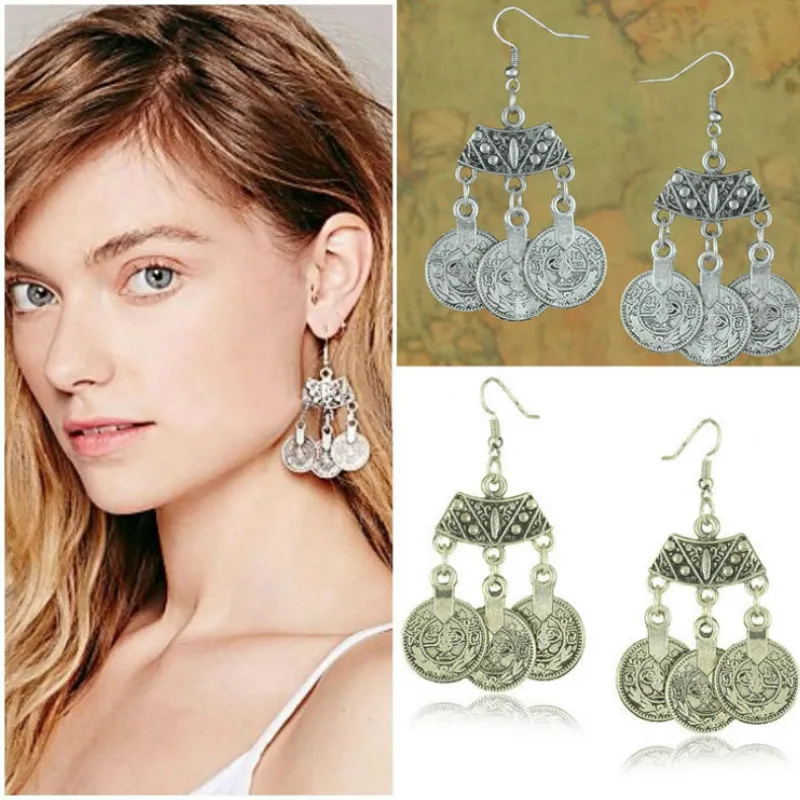 

1Pair Sell Exaggerated Coin Flower Drop Dangle Earrings For Women Fashion Jewelry Double Sided Gold Silver Plated Earrings 2018