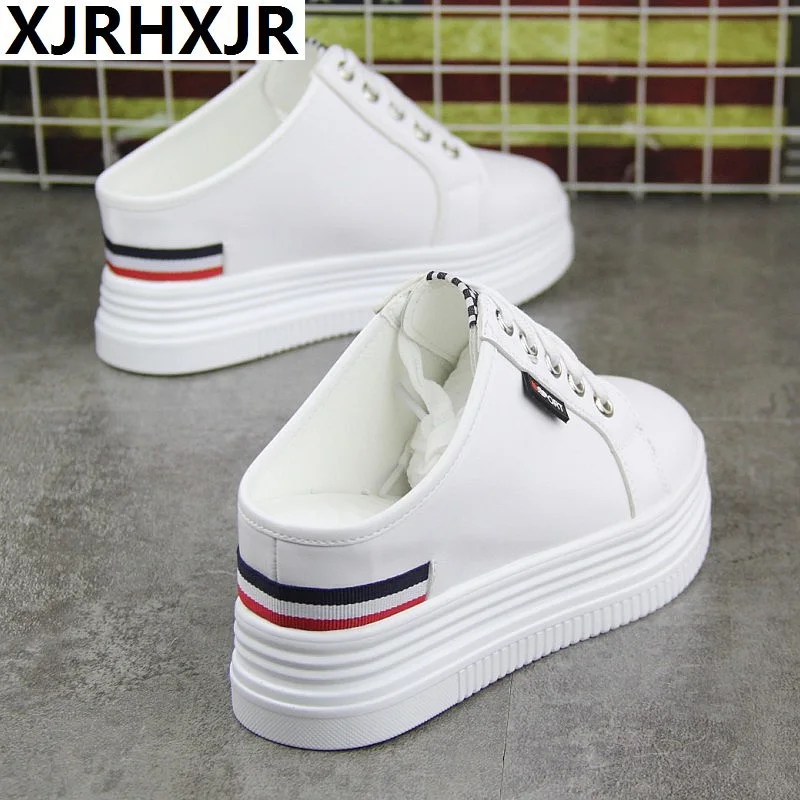 

7CM Increased White Shoes Female 2019 New Korean Thick-bottomed Muffin Hideen Heel Summer Lazy Shoes Half Tow Canvas Shoes