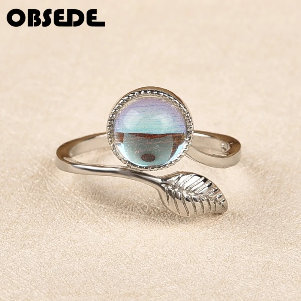 

OBSEDE Fashion New Women Jewelry Natural Stone Leaves Rings Moonstone Vintage Opal Rings Open Size Silver Color Adiustable DropS