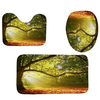 

4Pcs Home Bathroom Decor Set Bathroom Sunlight In The Woods Pattern Toilet Seat Cover Bath Mat Set+Waterproof Shower Curtain