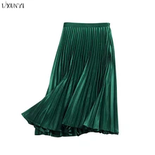 LXUNYI/ Осенняя атласная юбка миди для женщин, Повседневная однотонная плиссированная юбка для подиума, Женская универсальная юбка средней длины, черный и зеленый цвета