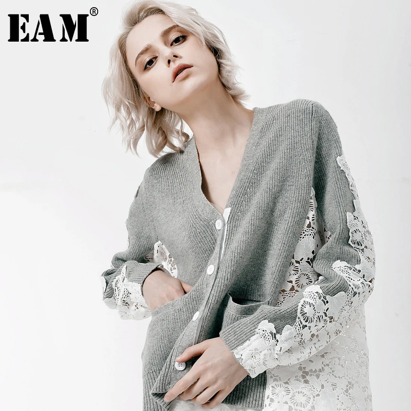 

[EAM] 2019 New Autumn Winter Fashion Tide Gray Patchwork Lace Long Sleeve Single Breasted V-neck Woman Shirt Blouse S626