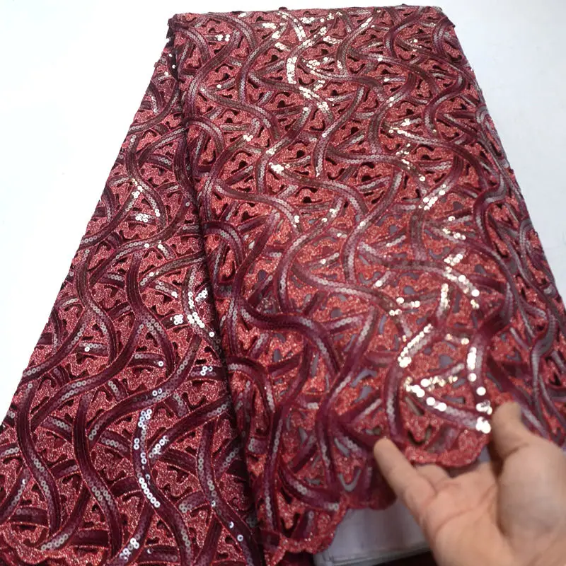 

french net lace fabric with sequins Wine color 2019 High Quality African Double Net organza lace fabric for party dress QG989