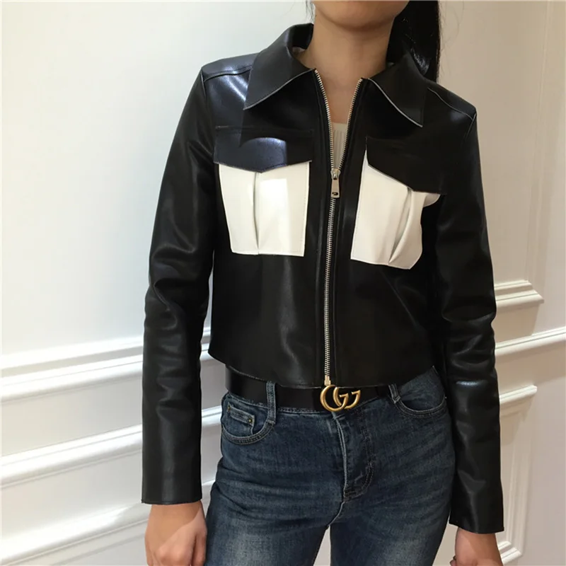Женская куртка на молнии из искусственной кожи приталенная короткая в стиле