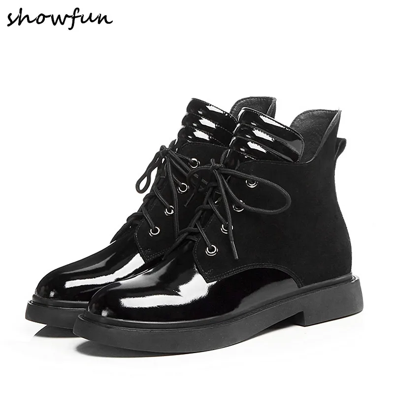 

Women Patent Leather Lace-up Flats Punk Ankle Boots Comfortable Short Martin Boots Leisure Motorcycle Boots Winter Shoes Women