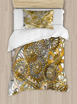

Clock Duvet Cover Set , The Gears in the Style of Steampunk Mechanical Design Engineering Theme Print, 4 Piece Bedding Set