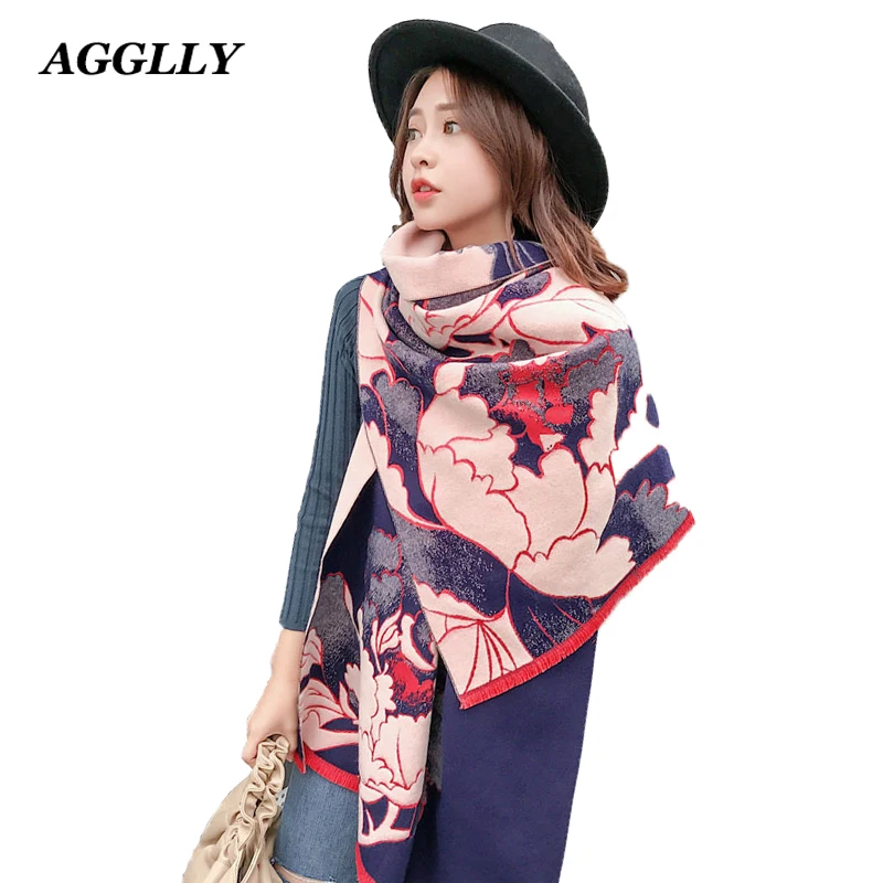 

2018 Women Mujer Scarves Cashmere National style Shawl Double Color Blue Pink Flower Big Wool Scarf Boho Cape Winter Coat Capas