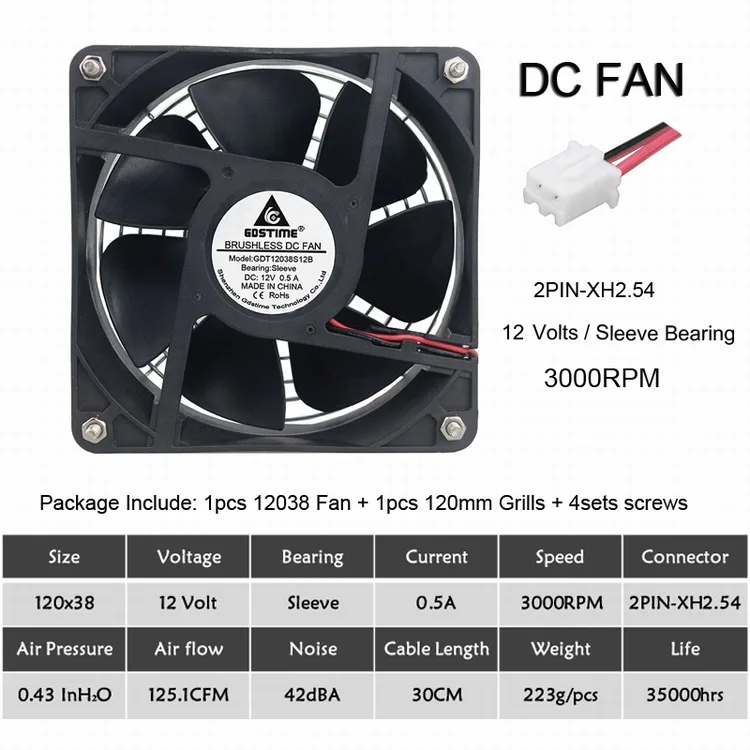 Gdstime Вентилятор охлаждения 120 мм 12 см 12038 мм x 120 мм x 38 мм чехол для компьютера вентилятор 12 В 24 в 48 в 120 в 110 в 115 в 220 в 240 В шариковый охлаждающий кулер - Цвет лезвия: 12V Sleeve 3000RPM