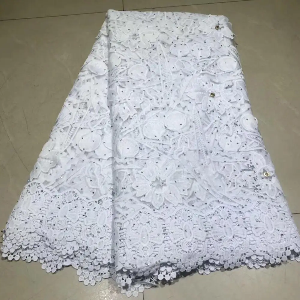 

2019 Latest African Embroidery Tulle Lace Fabrics High Quality Stones French Pure white Lace Fabric For Party Dress 5 Yards/lot