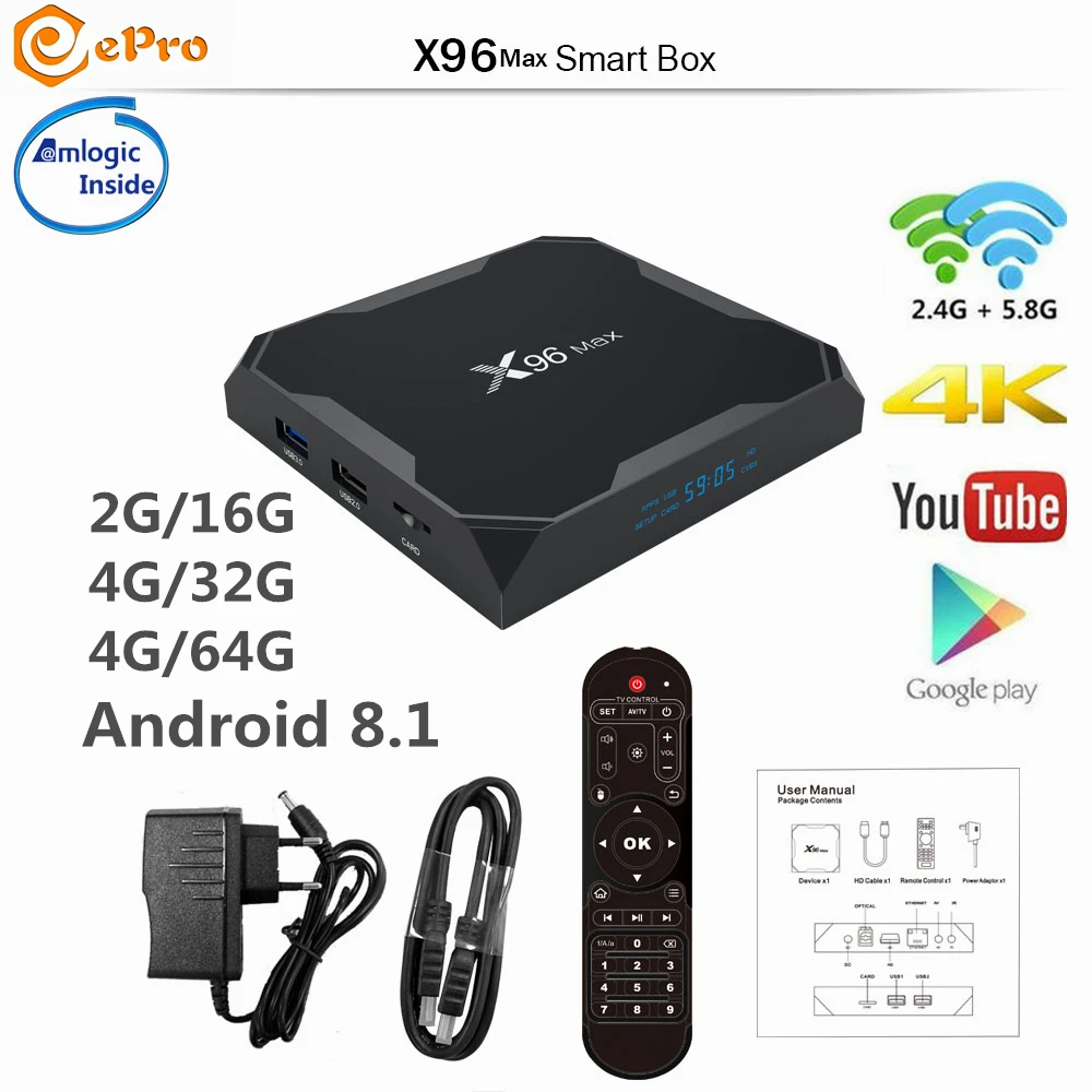 

EPRO X96 MAX Android 8.1 TV Box Amlogic S905X2 DDR4 Quad Core X96MAX X2 4GB 32GB 64GB 2.4G/5G WIFI BT 1000M H.265 4K X96 MAX X2