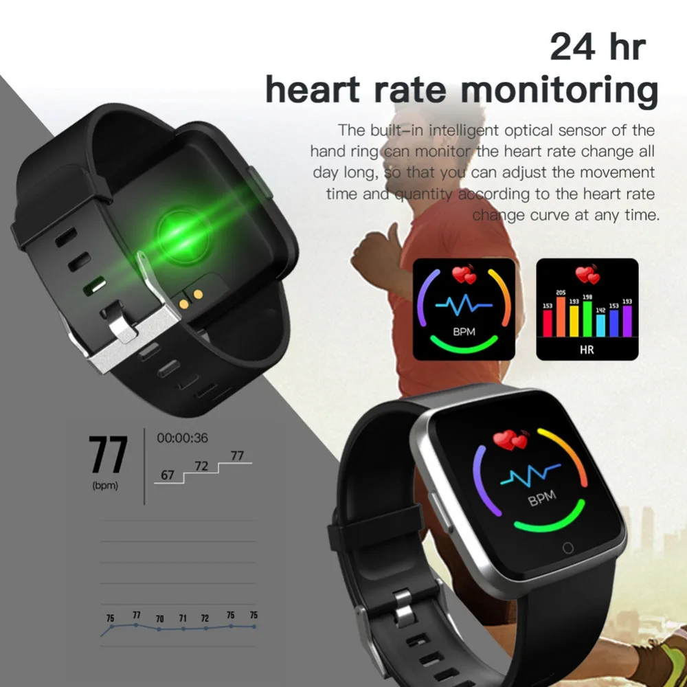 KOBWA Smartwatch Y7 сердечного ритма крови Давление монитор BT4.0 Водонепроницаемый Смарт