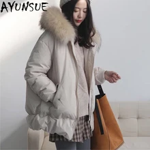 AYUNSUE/теплая зимняя куртка на 90% утином пуху для женщин, натуральный мех енота, воротник с капюшоном, длинное пальто, парки chaqueta pluma mujer LX2214
