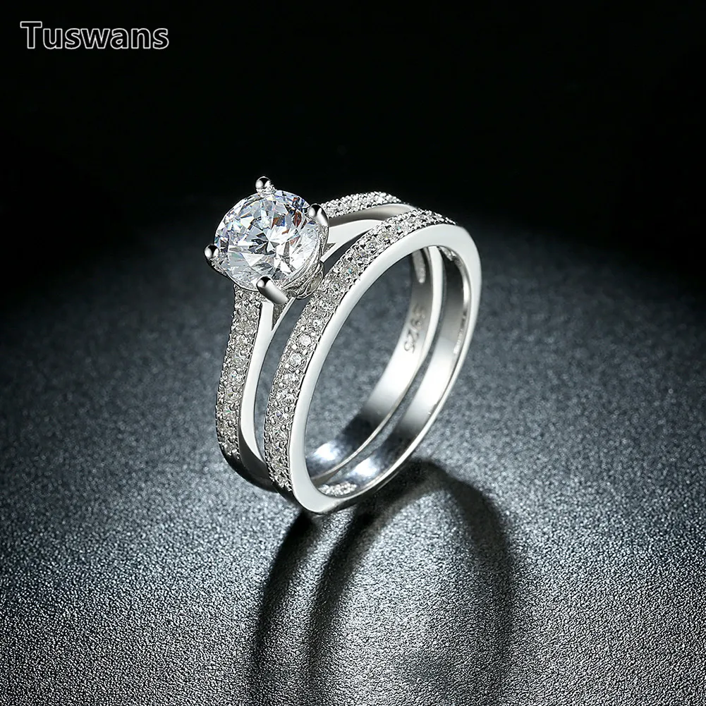 Комплект женских колец из серебра 925 пробы с двойным цирконием|925 sterling silver ring|rings for