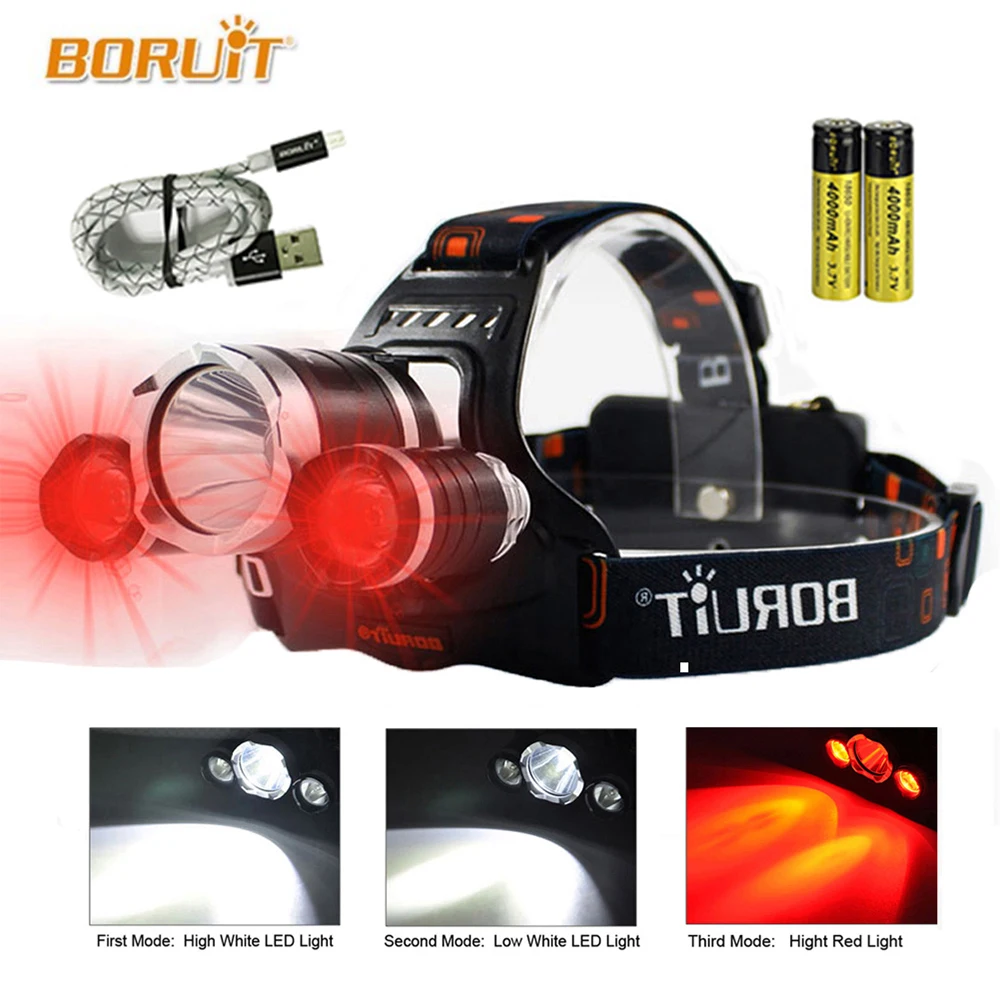 Skup Lampa czołowa LED czerwone światło zewnętrzny reflektor 3 LED 3 tryby wodoodporna pamięć usb latarka czołowa latarnia do polowania RJ 3000