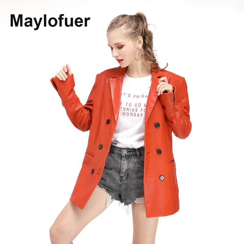 Maylofuer Women Cool Genuine Leather Jacket Natural and Real Sheepskin Coats Suit Style