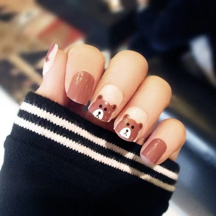 

24pcs/set Lovely Small Brown Bear Printing Nail Tips False Nails Fashion Style Short Fake Nails Free Glue Sticker