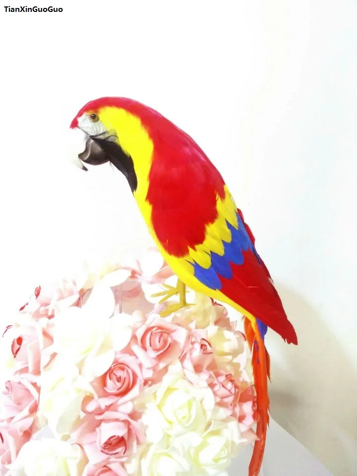 

large 42cm colourful red feathers parrot bird hard model prop,home garden decoration gift s1393